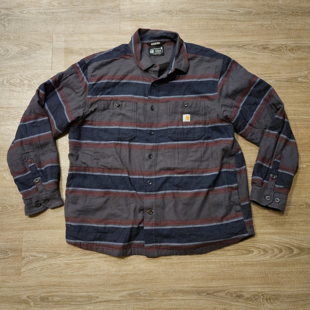 Carhartt Rugged Flex Fleece Lined Flannel Shacket Mens XL Gray Stripe 104913